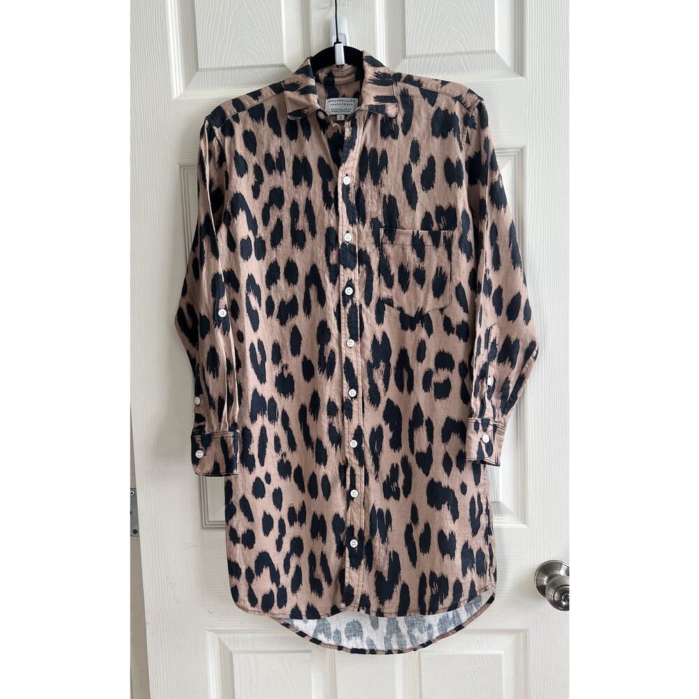 EMILY PHILLIPS Nashville USA 100% Linen Leopard Print Button Tunic Shirt Dress 2